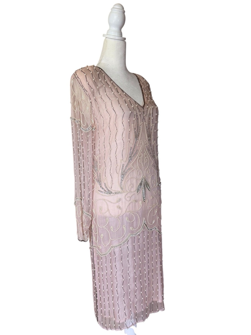 Vintage Jasmine by KVM 100 % silk pearl Beaded & sequined Blush Pink Dress sz  M
